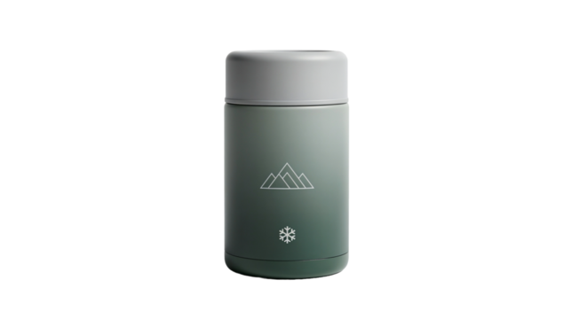 Thermos food container with mountain design in gradient green and gray on a white background, copy space