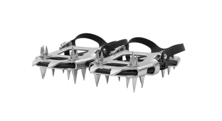Pair of compact metal ice cleats for winter hiking on a white background, copy space