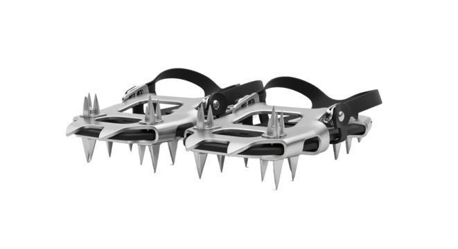 Pair of compact metal ice cleats for winter hiking on a white background, copy space