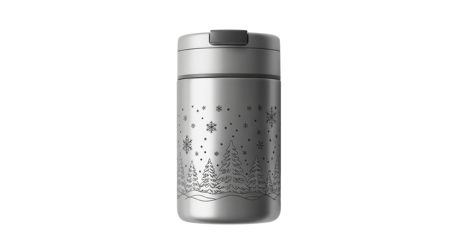 Thermos mug with winter design, featuring snowflakes and trees on a white background, copy space