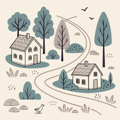 Illustration of two houses along a winding path with trees and a bird in a serene landscape view