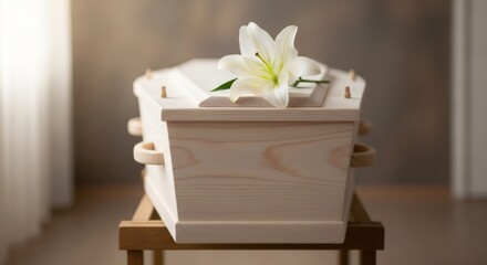 Wooden coffin with white lily on top. Funeral service and mourning concept. Remembrance and eternal rest symbol for obituary.