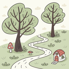 Illustration of a winding road leading to a small house with trees and mushrooms in a landscape