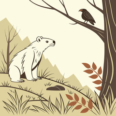 Illustration of a polar bear looking up at a crow perched on a tree branch in a natural setting