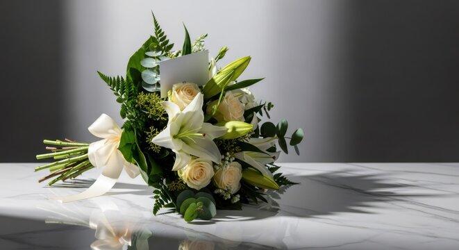 Elegant white flower bouquet with a blank card on a marble table. Fresh lilies and roses for various occasions and holiday celebration.