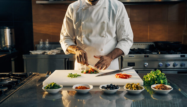 Chef preparing a dish that blends traditional Asian and Mediterranean elements in a high-end kitchen, bright light highlighting creativity and diversity in cuisine. - Powered by Adobe