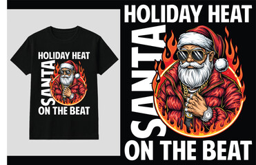 Santa Claus with sunglasses and gold chain surrounded by flames Christmas holiday