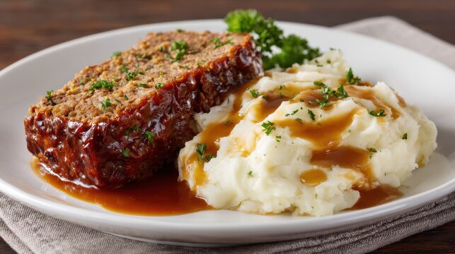 High resolution photo of classic comfort meals featuring a hearty plate of homemade meatloaf with mashed potatoes and gravy.