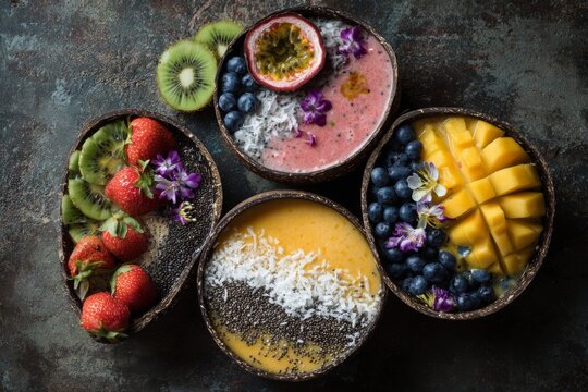 Vibrant fruit smoothie bowls served in natural coconut shells on a rustic dark surface