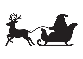 santa flying in sleigh with reindeer logo silhouette vector, santa's sleigh silhouette vector illustration, christmas night sky sleigh and reindeer flying logo silhouettes vector on white background