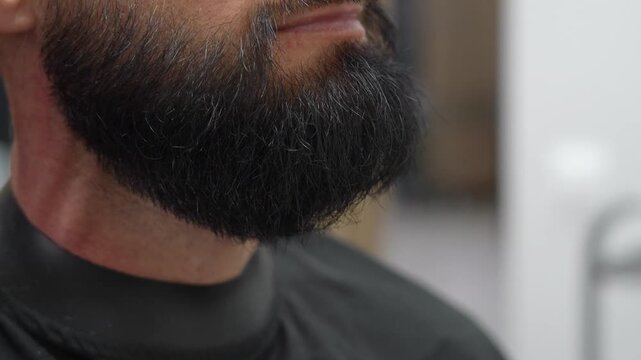 Man's beard is carefully combed, trimmed and shaped at a modern barbershop. The barber skillfully uses scissors and a comb to create an elegant look on a busy day