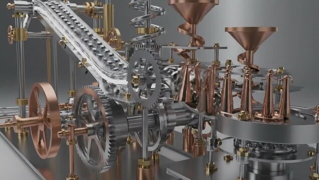 Mechanical Marvel: Captivating close-up of an intricate machine, showcasing the elegance of gears, spirals, and chutes. A symphony of precision and movement, a testament to engineering ingenuity.