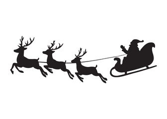 santa flying in sleigh with reindeer logo silhouette vector, santa's sleigh silhouette vector illustration, christmas night sky sleigh and reindeer flying logo silhouettes vector on white background