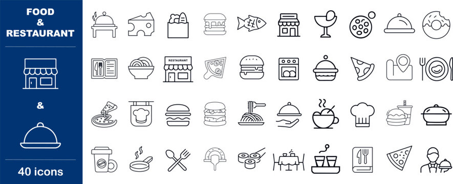 Food and Restaurant Vector Icons. Set of 40 line art symbols for dining, cooking, and menus. Includes chef hat, pizza, hamburger, and culinary tools for UI/UX and branding