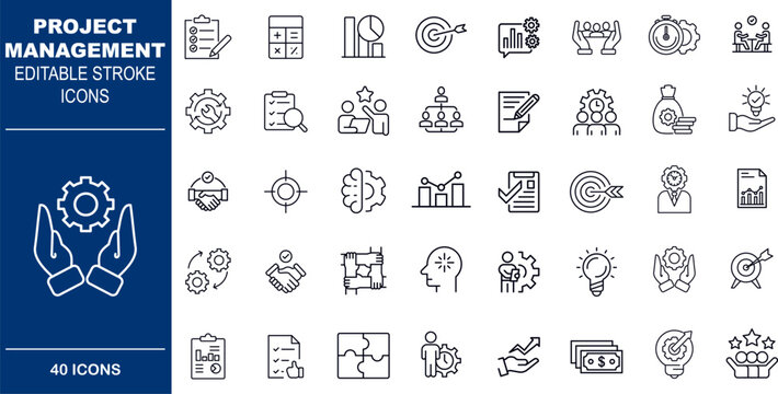Project Management and Strategy Vector Icons. Set of 40 line art symbols for planning, processes, and goals. Includes Gantt charts, targets, and performance metrics
