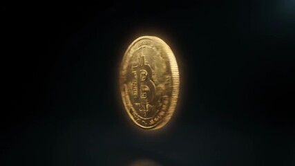 A single golden bitcoin coin spinning in the dark with a subtle glow, representing cryptocurrency and digital finance - Powered by Adobe