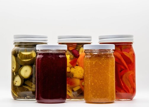 Five jars filled with various homemade preserves and pickles are neatly arranged, on a white background.