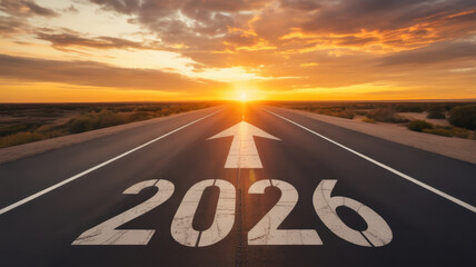 Road to 2026 with an empty road with written 2026 and arrow pointing towards the horizon to represent the future and positivity and success of the new year 2026