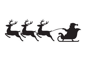 santa flying in sleigh with reindeer logo silhouette vector, santa's sleigh silhouette vector illustration, christmas night sky sleigh and reindeer flying logo silhouettes vector on white background