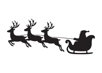 Obraz premium santa flying in sleigh with reindeer logo silhouette vector, santa's sleigh silhouette vector illustration, christmas night sky sleigh and reindeer flying logo silhouettes vector on white background