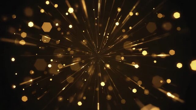 Golden particles exploding outwards from a central point with light streaks and bokeh effects