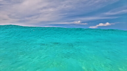 Luxury resort photo of Seychelles tropical paradise islands in Indian Ocean with turquoise clear wave.
Beautiful photography, coral reef, azure ocean, 
sky with clouds on horizon.  
