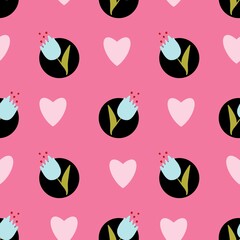 Seamless Floral and Heart Pattern with flower on Pink Background