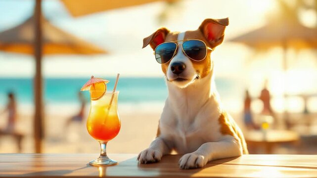 Sunset hours by ocean as dog lounges with drink and parasols