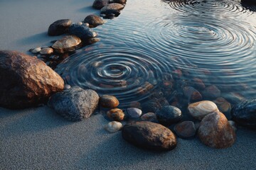 Natural flowing water ripples around various stones on a sandy shore in warm daylight