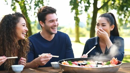 Friends Enjoying Sushi Together in a Park on a Sunny Day