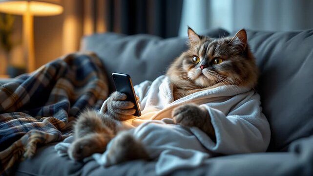 Sleepy feline relaxes, Nighttime kitty resting with blue illumination