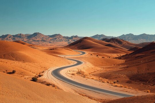 Winding paved road curving through vast arid desert dunes with distant mountains under clear blue sky