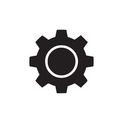 A simple black gear icon centered on a white background with a clean and minimalist design style used