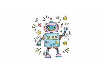 Cute cartoon robot character with a friendly expression on a light green background, vector art 