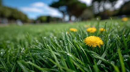 Dandelion with dew on grass in a sunny outdoor setting.