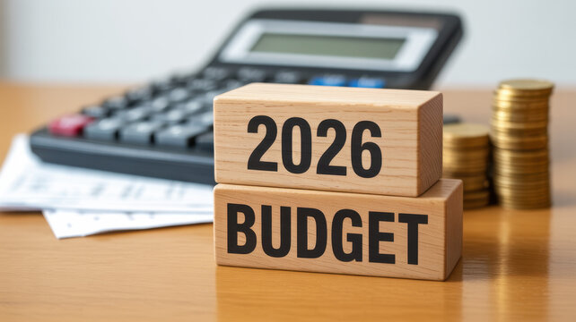 Wooden blocks stacked with the year 2026 and the word budget in bold black lettering with a calculator and coins in the background
