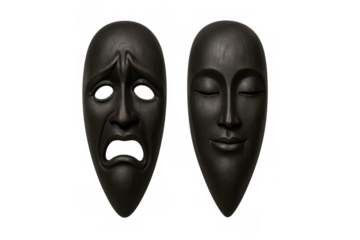 Two dark wooden masks showcasing the theatrical concepts of drama and comedy, representing feelings of sadness and contentment