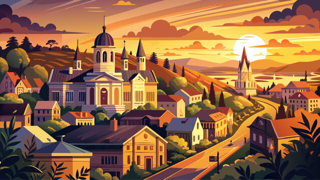 Very beautiful sunset view of Natchez, Mississippi, USA, featuring warm golden light illuminating a historic church and the surrounding downtown landscape, highlighting charming architecture and seren