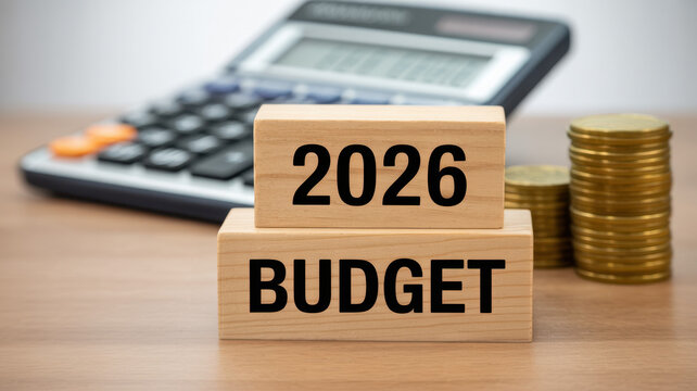 Wooden blocks stacked with the year 2026 and the word budget in bold black lettering with a calculator and coins in the background
