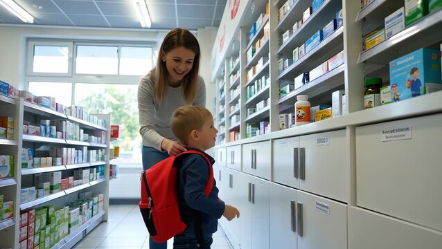 Mother Assisting Young Boy in Pharmacy with Medicine Selection