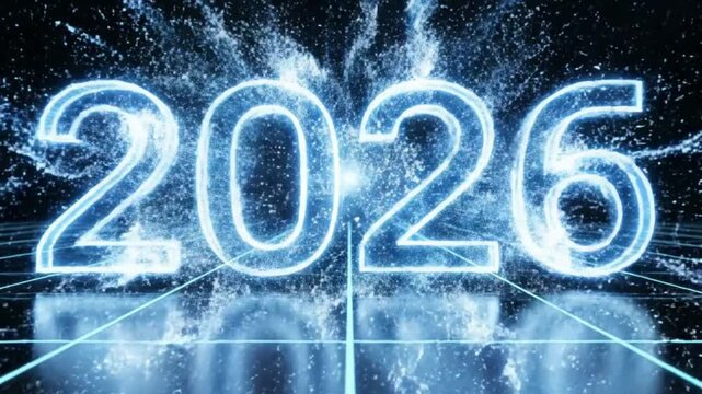 Futuristic Holographic Countdown Clock to Midnight for New Year's Eve 2026 - High-Tech Digital Animation for NYE Party and Tech Events