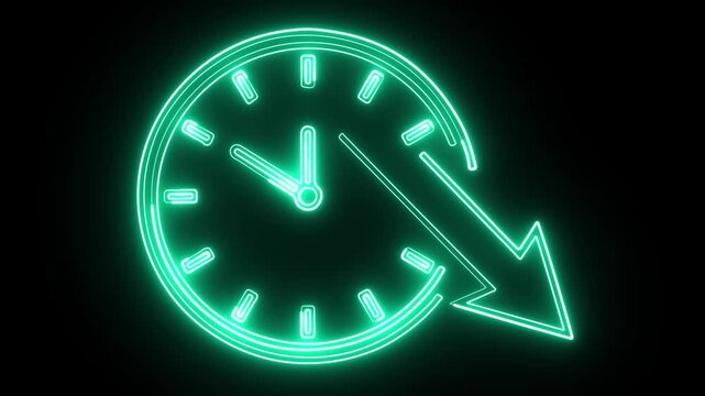 Neon Clock With Downward Arrow &ndash; Time Reduction and Efficiency Concept 4K Loop.