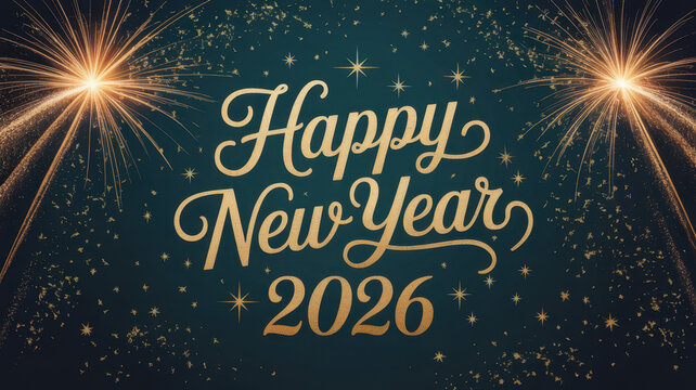 Happy new year 2026 with golden fireworks and starry night sky. Happy New Year 2026
