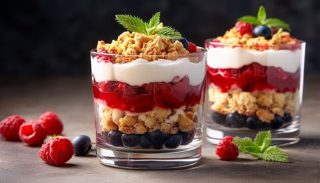 layered berry dessert in a glass with whipped cream and crumble topping