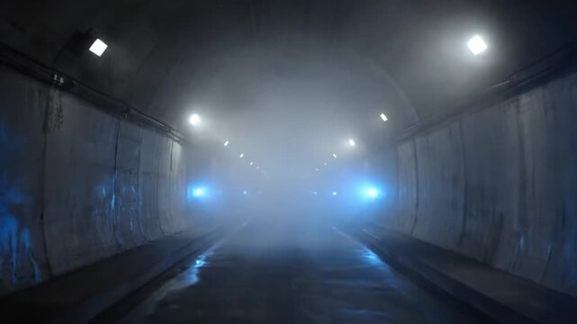 Intense blue emergency lights cut through thick fog inside a dark concrete tunnel, signaling an urgent response or high-speed pursuit, likely involving police or specialized vehicles.
