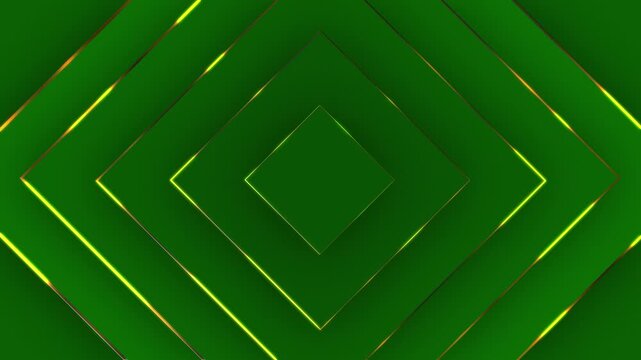 Abstract square with an offset effect. Animation of pure glowing golden line quadrilateral rings on green background . Abstract background for business presentation. Seamless loop of 4k 3d rendering 