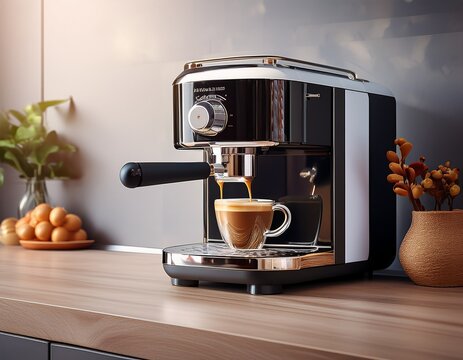 espresso machine brewing coffee on a modern kitchen countertop
