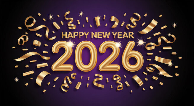 Festive Happy New Year 2026 celebration banner with colorful fireworks, dark blue background. night parties and sparklers marking the joyful start of 2026