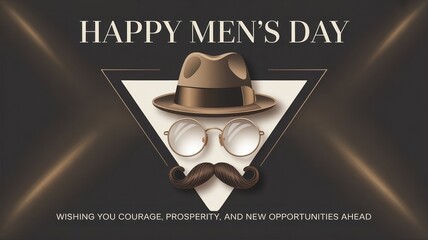 Happy Men's Day poster with hat, glasses, and mustache on brown background, stylish greeting card design