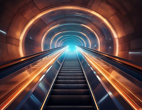 escalator in a concrete tunnel with digital light effects futuristic design